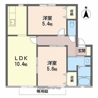 ウィンディアUWABARA B棟【B102号室】の間取り