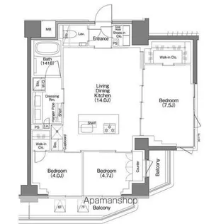 ザ・パークハビオSOHO祐天寺【7階】の間取り