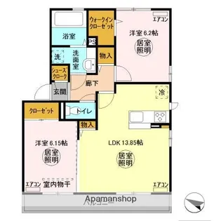 ヴァリブラン(VALLE’E RIZ BLANC)【201号室】の間取り