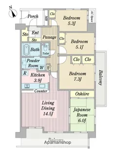 エステシティおゆみ野A棟【408号室】の間取り