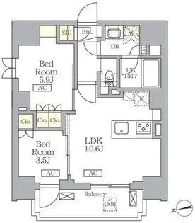ザ・ライオンズフォーシア文京湯島【9階】の間取り