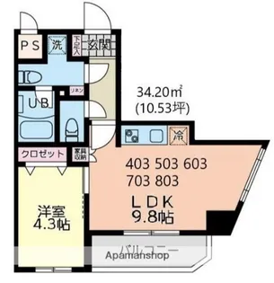 イーストサイド【7階】の間取り