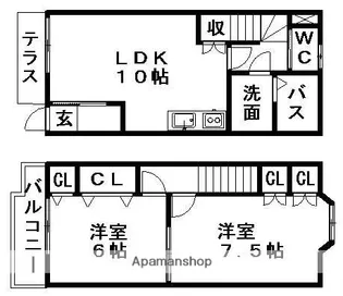 愛知県一宮市多加木3丁目【テラスハウス】の間取り