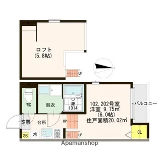 ハーモニーテラス瓜生堂【102号室】の間取り