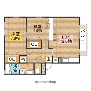 プラムアビテ奥本【102号室】の間取り