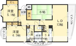 西宮甲風園アーバンライフ【401号室】の間取り