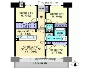 岡山県岡山市北区柳町2丁目【マンション】の間取り