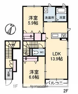 シャーメゾンタウン倉敷運動公園前 A棟【2階】の間取り