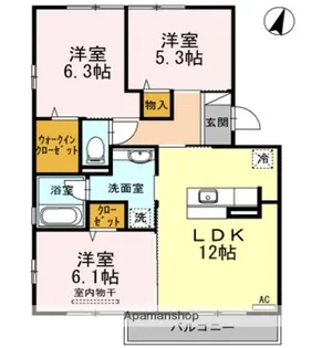 シャルムサールB棟【3階】の間取り