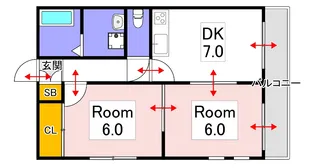 ガーディニア横井【5号室タイプ】【2DK】【46.8平米】【5階】の間取り