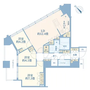 勝どき駅徒歩7分 分譲 タワーマンション ペット可 角部屋 高層階【21階】の間取り