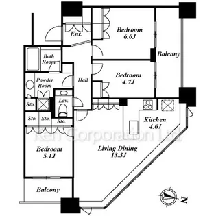 プラウドタワー千代田富士見【30階】の間取り