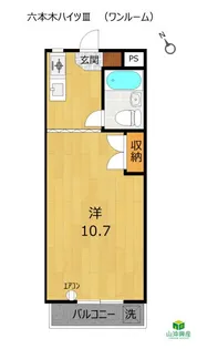 六本木ハイツIII「1R」洋室【3階】の間取り
