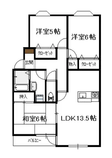 翠ケ丘(3LDK)六番館【2階】の間取り