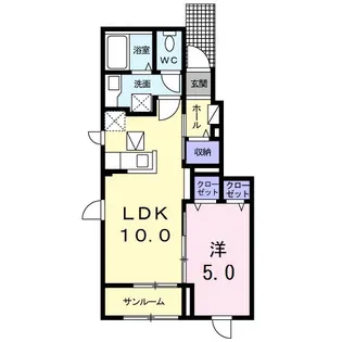 【1LDK・南向き・角部屋】 ユアーズ・ヴェラ 104号室【1階】の間取り
