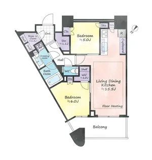 勝どき駅徒歩2分 分譲 タワーマンション 高層階 眺望良好 築浅【46階】の間取り