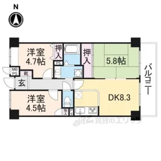 ライオンズマンション大和八木【5階】の間取り