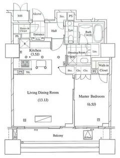 分譲 タワーマンション 南東向き 高層階 眺望良好 1LDK【16階】の間取り