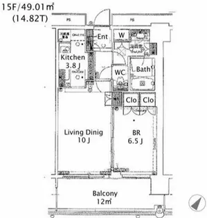 分譲 タワーマンション 南東向き 高層階 日当たり良好 1LDK【15階】の間取り