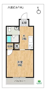 八反ビル「1K」洋室【3階】の間取り