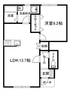滝川市東町2丁目1LDKアパートD棟築2年【1階】の間取り