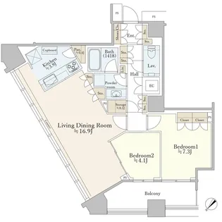 分譲 タワーマンション 角部屋 高層階 眺望良好 設備充実【50階】の間取り