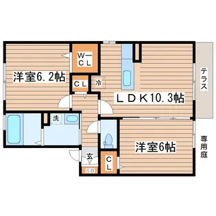 ボヌール・ヒルズ 市名坂E【1階】の間取り