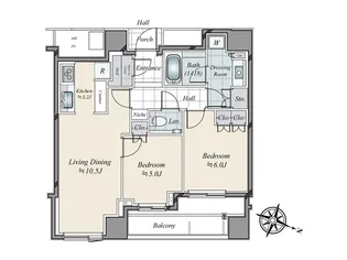 四番町 分譲マンション 2LDK 楽器可【10階】の間取り