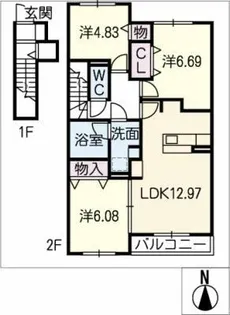 サニープレイス十一屋C棟【2階】の間取り