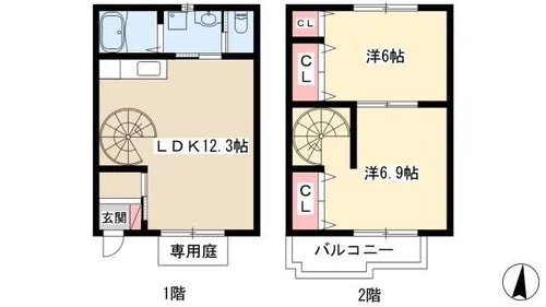愛知県北名古屋市鹿田永塚【テラスハウス】の間取り