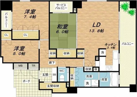 グラン・ブルー上町台【6階】の間取り