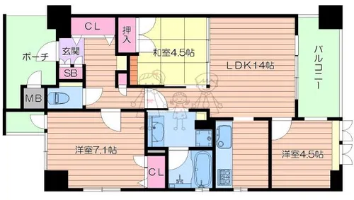クラウンハイム西田辺【6階】の間取り
