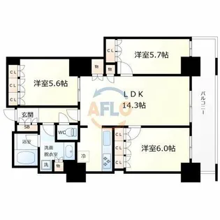 阿波座ライズタワーズフラッグ46 OMPタワー【40階】の間取り