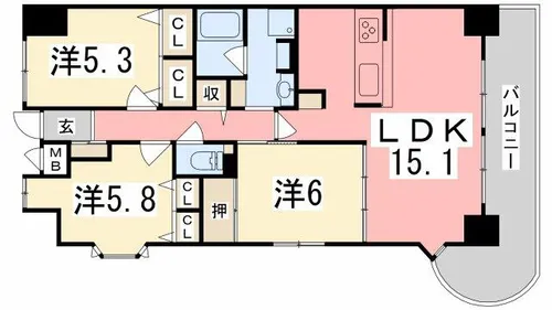 姫路甲丘アーバンコンフォート【707号室】の間取り