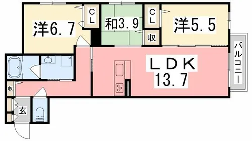 シャーメゾンはりま勝原【103号室】の間取り
