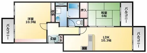 八尾南ハウスB棟【2階】の間取り