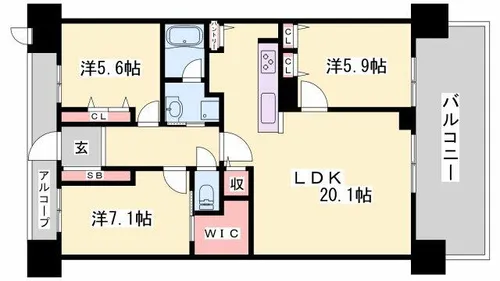 パレ・ロワイヤル田寺東Ⅱ番館【5階】の間取り