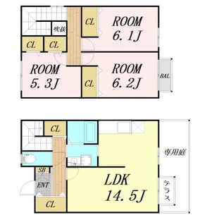大阪府大阪市城東区放出西2丁目【テラスハウス】の間取り