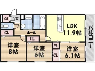 グロリアハイツ はびきの A棟【3階】の間取り