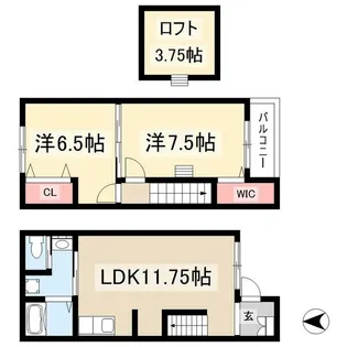愛知県北名古屋市高田寺東の川【テラスハウス】の間取り