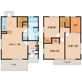 京都府木津川市州見台8丁目【テラスハウス】の間取り