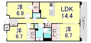 甲子園六石町ハイツ【3階】の間取り