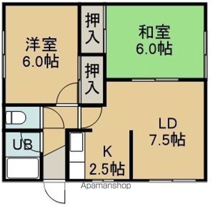 本通1丁目アパート(ホンドオリイッチョウメアパート)2階右の間取り