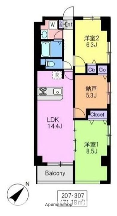 東京都江戸川区平井2丁目の賃貸マンションの間取り