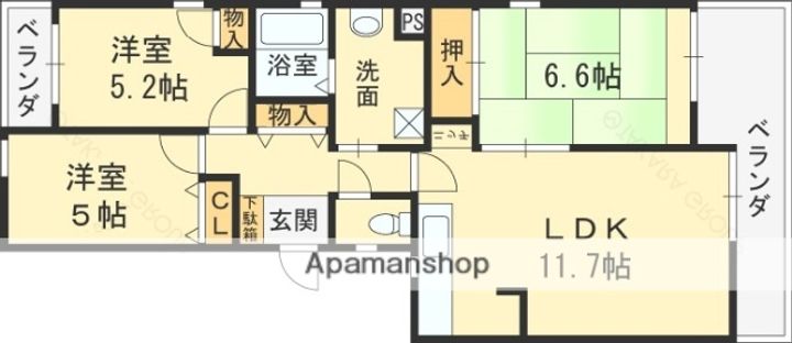 大阪府東大阪市山手町の賃貸マンションの間取り