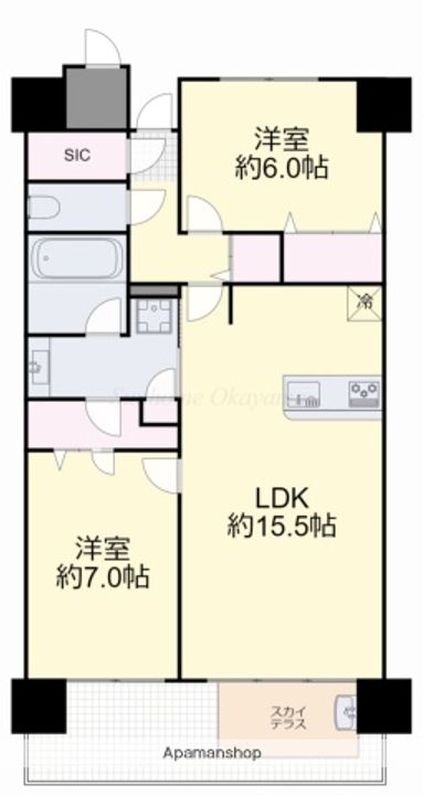 岡山県岡山市北区桑田町の賃貸マンションの間取り