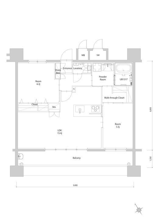 福岡県福岡市博多区住吉2丁目の賃貸マンションの間取り