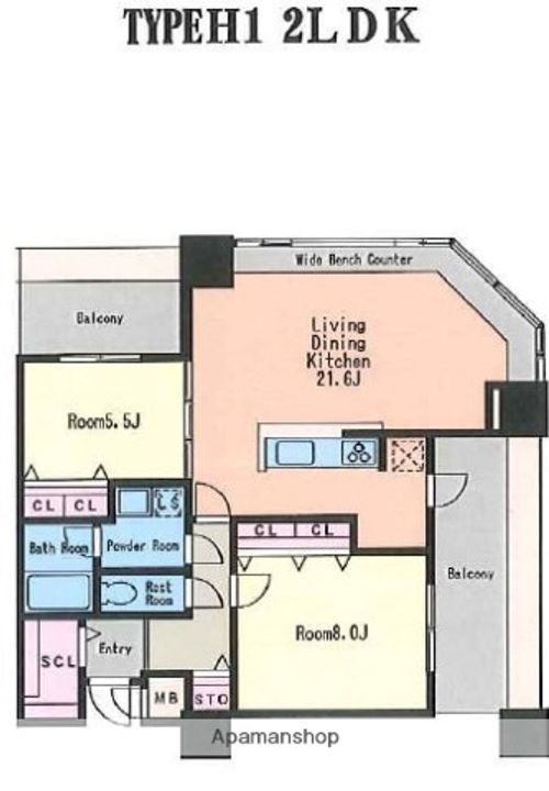 福岡県福岡市中央区港1丁目の賃貸マンションの間取り