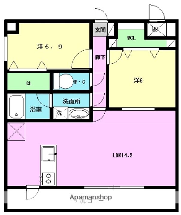 熊本県菊池郡菊陽町大字原水の賃貸マンションの間取り