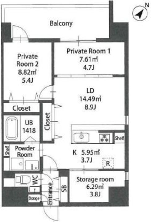 福岡県福岡市博多区住吉4(マンション)の賃貸物件の間取り